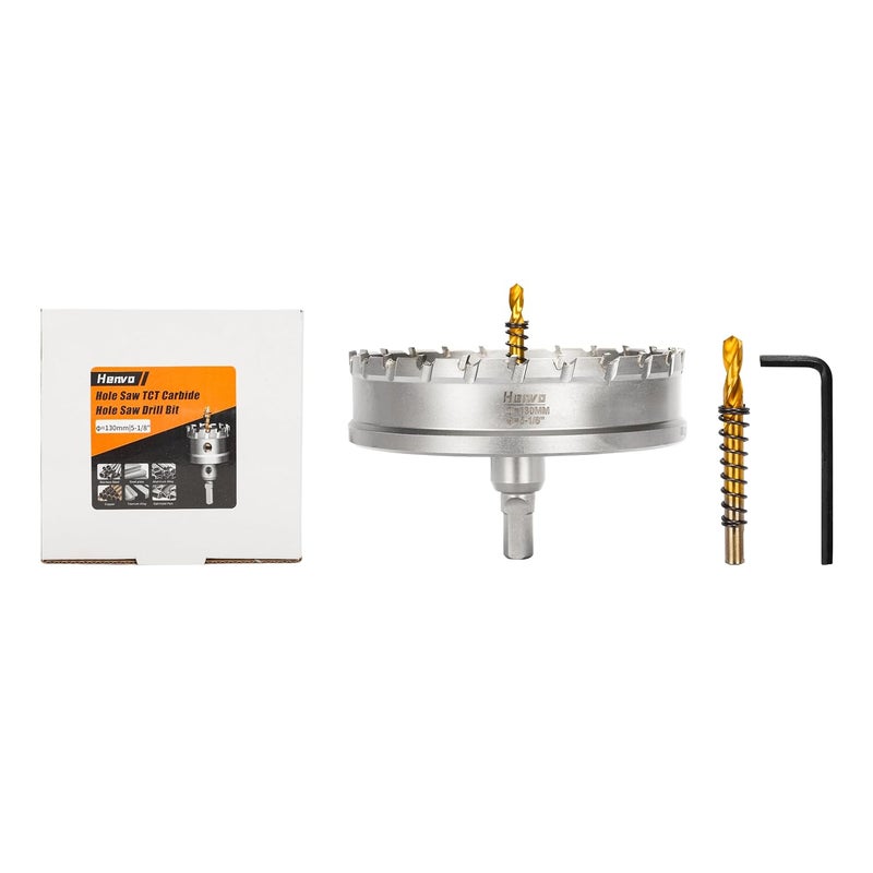 Henvo Hole Saw 5-1/8" (130mm) Heavy Duty Carbide with 2 Pilot Drill Bits - Metal Hole Cutter Cuts Stainless Steel, Iron, Copper, Brass, Plastic - Image 1